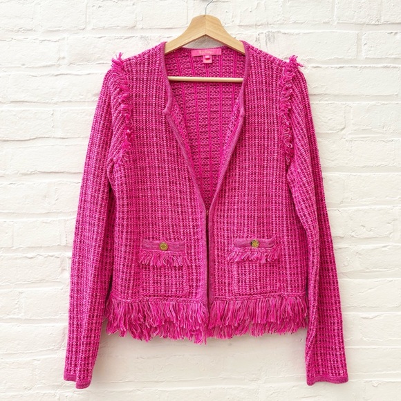 Lilly Pulitzer || Simora Lady Jacket Fringe Cardigan Sweater Pink Gold Medium - Picture 2 of 9